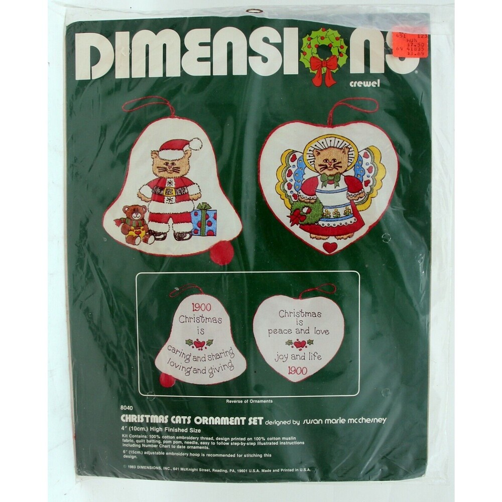 Vintage Dimensions Crewel Christmas Cats Ornament Set Kit 8040 Susan McChesney